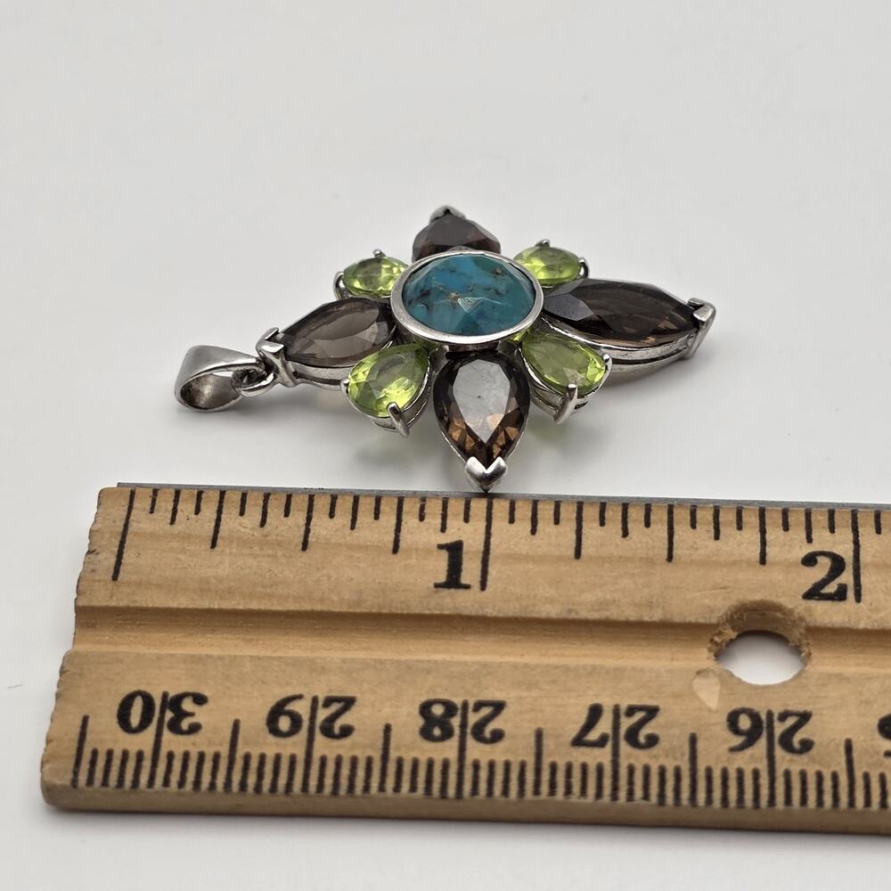 ATI Thailand Sterling Silver Turquoise Peridot Quartz Flower Pendant - Picture 10 of 11